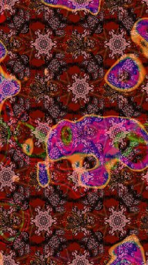 Raster illüstrasyonu. Patlayan çiçekler soyut olarak yerleştirilmiş. Raster deseni. Nazikçe, bahar çiçekleri kahverengi ve kırmızı renklerde.