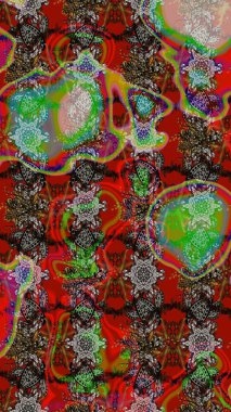 Eskiz geçmişi. Renkli desenli eskiz deseni, kahverengi ve kırmızı çiçekler ve dekoratif elementler. Eski usul. Raster illüstrasyonu. Kumaş, tekstil ve duvar kağıdı baskısı için..