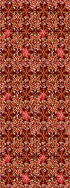 Kumaş, tekstil, duvar kağıdı baskısı için. Renkli desenli eskiz deseni, kırmızı ve kahverengi çiçekler ve dekoratif elementler. Raster illüstrasyonu. Eski usul. Taslak arkaplan.