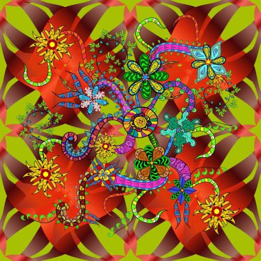 Kusursuz Renksiz Bahar Temalı Kusursuz Arkaplan. Hoş renklerde çiçekler. Sevimli çiçek raster deseni. Düz Çiçek Elementleri Tasarımı.