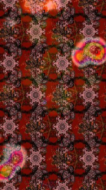 Raster Güzel kumaş deseni. Raster suluboya deseni, narin çiçekler, kahverengi ve kırmızı çiçekler, tebrik kartı şablonu..