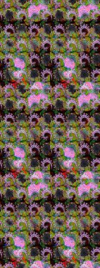 Küçük çiçekte hoş bir çiçek deseni var. Çiçeksel elementlerle süslenmiş zarif raster dokusu. Parlak çiçekli yeşil ve kahverengi renkler üzerine soyut çizim deseni.