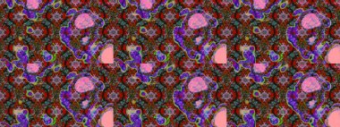 Kahverengi ve kırmızı arka planda. Çocuksu tasarım. Tekstil, kumaş, ambalaj, hatıra defteri için hoş bir çiçek arkaplanı. Elle çizilmiş karalama çiçekleri ile Raster çizim deseni.