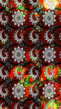 Süslü kumaş deseni. Renkli Bahar Teması eskiz kalıbı. Raster illüstrasyonundaki çiçek desenli çizim. Düz Çiçek Elementleri Tasarımı.