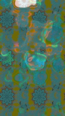 Yeşil ve mavi renkler üzerine çiçek desenli eskiz, el yapımı papatyalar, papatyalar. Tekrarlayan çiçek arkaplanı, zarif yeşil ve mavi çiçekler duvar kağıdı.