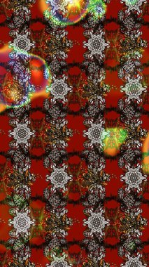 Raster illustration. For print on fabric, textiles, wallpaper. Sketch background. Vintage retro style. Sketch pattern with colorful paisley, brown and red flowers and decorative elements.