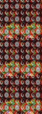 Raster illustration. Flowers on red and black colors. Raster illustration. Sketch flowers pattern. In asian textile style.