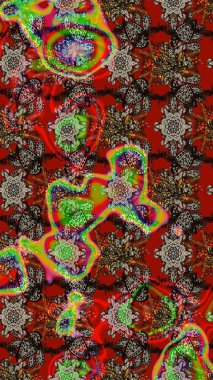 Raster illüstrasyonu. Kibar, bahar çiçekleri kırmızı ve kahverengi renklerde. Patlayan çiçekler soyut olarak yerleştirilmiş. Raster deseni.