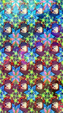 Mavi ve yeşile mavi ve yeşil. Retro tekstil tasarım koleksiyonu. El çizimi çiçek unsurları olan soyut çizim raster deseni. Çiçekli ipek eşarp. 1950 'ler-1960' lar motifleri.