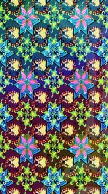 Vadinin çiçekleri mavi ve yeşil renklerde. Soyut etnik raster kusursuz desen. Çiçekler..