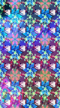 Mavi ve mor renkte güzel bir tekstil. Raster illüstrasyonu. Suluboya çiçekli çiçek deseni.