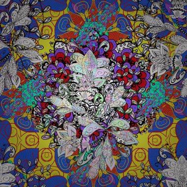 Düz Çiçek Elementleri Tasarımı. Çiçekle kusursuz desen. Mavi ve beyaz renkte çiçekler. Renkli Bahar Teması Kusursuz Arkaplan.