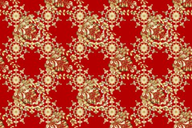 Kusursuz altın desenli bukleler. Parlak dantel, stilize çiçekler, şal desenli. Raster. Bej rengi kusursuz, altın elementli kırmızı renkler. Hassas altın deseni açın. Doğu tarzı arabesk