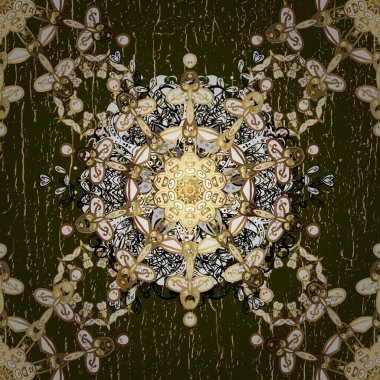 Kahverengi ve beyaz renklerde altın elementlerle kusursuz desen. Kusursuz klasik raster altın desenli. Geleneksel oryantasyon süsü. Klasik vintage arkaplan.