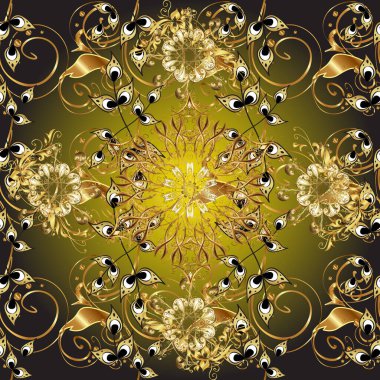 Altın karalama fantezi yapraklarından Raster soyut çiçek çelengi ve gri ve kahverengi renkte çiçek. El yapımı dekoratif çerçeve, albüm kapağı, tebrik kartı, klasik Art deco tarzı.