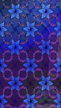 Düz Çiçek Elementleri Tasarımı. Mor ve mavi renkte çiçekler. Raster Illustrasyon 'da moda olmayan çiçek deseni. Renkli Yaz Temalı Kusursuz Arkaplan.