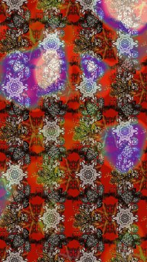 Raster Floral Illustration, Asyalı tekstil. Kahverengi ve kırmızı renkte etnik çiçeklerle süslenmiş zarif bir eskiz..