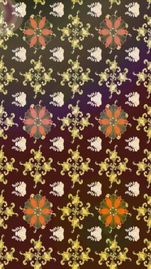 Raster illüstrasyonu. Raster illüstrasyonundaki çiçek desenli çizim. Güzel kumaş deseni. Kahverengi ve mor renklerde.