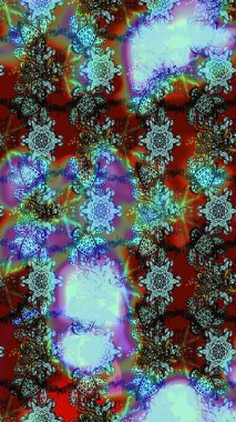 Raster illüstrasyonu. Raster deseni. Patlayan çiçekler soyut olarak yerleştirilmiş. Yumuşak, bahar çiçekleri mavi ve kahverengi renklerde.