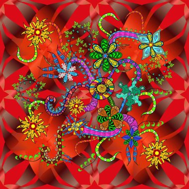 Düz Çiçek Elementleri Tasarımı. Sevimli çiçek raster deseni. Hoş renklerde çiçekler. Kusursuz Renksiz Bahar Teması Kusursuz Arkaplan.