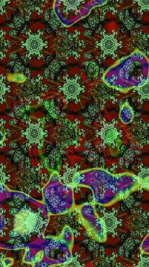 Çiçek desenli çizim. Yeşil ve kahverengi renkli Asya tekstili. Raster illüstrasyonu.