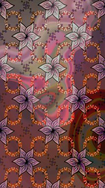 Çiçek desenli çizim. Asya tekstil tarzında. Raster illüstrasyonu. Kahverengi ve nötr renklerde çiçekler. Raster illüstrasyonu.