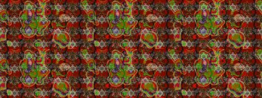 Eskiz arkaplan modeli. Yapraklı çiçekler ve kahverengi ve kırmızı renklerde papatya çiçekleri. Raster - stok.