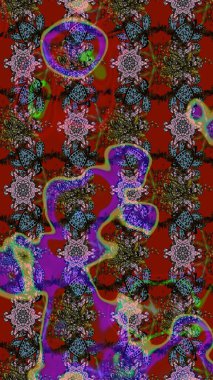 Raster illüstrasyonu. Kırmızı ve kahverengi renklere karalamalar çizilmiş çiçek deseni.