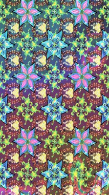 Parlak renkli çiçekleri olan ve mavi ve kahverengi renkli yaprakları olan harika bir çiçek deseni. Moda baskıları için zarif bir şablon. Modern çiçek arkaplanı. Halk stili.