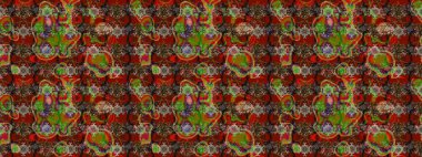 Eskiz arkaplan modeli. Yapraklı çiçekler ve kahverengi ve kırmızı renklerde papatya çiçekleri. Raster - stok.