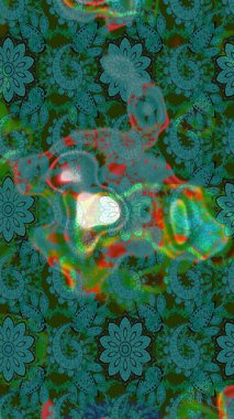 Raster illüstrasyonundaki çiçek desenli çizim. Yeşil ve mavi renkte çiçekler.