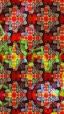 Renkli Bahar Teması eskiz kalıbı. Raster Modaya uygun kumaş deseni. Kırmızı ve kahverengi renkli şirin çiçek deseni. Düz Çiçek Elementleri Tasarımı.