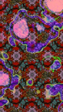 Elle çizilmiş çiçek desenli Raster çizimi. Tekstil, kumaş, ambalaj, hatıra defteri için hoş bir çiçek arkaplanı. Çocuksu tasarım. Kahverengi ve kırmızı arkaplanda.