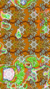 Raster illüstrasyonundaki çiçek desenli çizim. Çiçekler suluboya tarzında kahverengi ve yeşil renklerde.