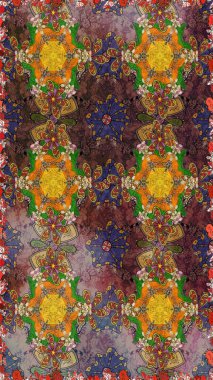 Arkaplan dokusu, duvar kağıdı, kahverengi ve yeşil renkli çiçek teması. Soyut etnik raster çizim kalıbı. Kabile sanatı boho baskısı, klasik çiçek arkaplanı.