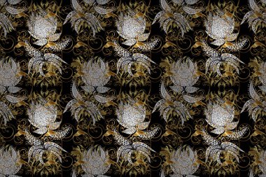 Barok tarzında altın çiçekli süs. Antika altın tekrarlanabilir duvar kağıdı. Altın element beyaz ve siyah renklerde. Raster. Damask pürüzsüz tekrarlama deseni.