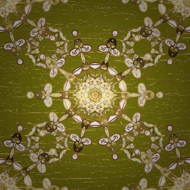 Altın antika ortaçağ dekoratifi, yaprakları ve kahverengi ve bej renklerinde altın desenli süslemeleri olan vektörsüz desen. Kusursuz kraliyet lüksü, altın barok kumaş rengi..