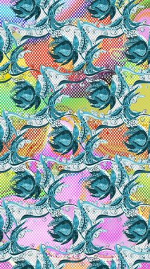 Raster illüstrasyonunda el çiçeği deseni. Mavi, nötr ve gri renkte çiçekler.