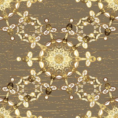 Kusursuz klasik raster altın desenli. Geleneksel oryantasyon süsü. Klasik klasik klasik arka plan. Kahverengi ve beyaz renklerde, altın elementlerle kusursuz desen.