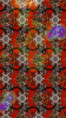 Arkaplan dokusu, duvar kağıdı, kahverengi ve kırmızı renkli çiçek teması. Kabile sanatı boho baskısı, klasik çiçek arkaplanı. Soyut etnik raster çizim kalıbı.