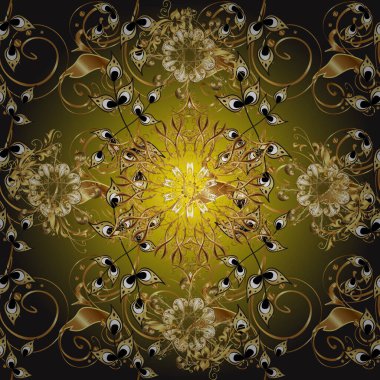 Barok tarzında duvar kağıdı tasarımı için kusursuz damaske deseni arkaplanı. Gri ve kahverengi renklerdeki altın desenli altın elementler. Süslü raster dekorasyonu.