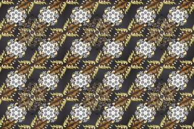 Barok tarzında altın çiçekli süs. Antika altın tekrarlanabilir duvar kağıdı. Damask pürüzsüz yineleme kalıbı. Gri, bej ve kahverengi renklerde altın element.