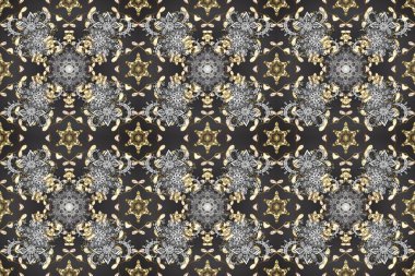 Barok tarzında duvar kağıdı tasarımı için kusursuz damaske deseni arkaplanı. Gri ve bej renklerde altın desenli altın elementler. Süslü raster dekorasyonu.