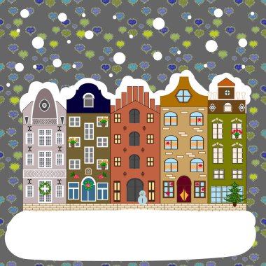 Şenlikli konfeti geçmişi olan eski Avrupa konak evlerinin renkli çizimleri. Kartpostallar, duvar kağıtları ya da tatil tasarımı için dekoratif, pürüzsüz desen.