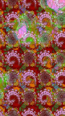 Şatafatlı bahar bahçesi dokusu. Kırmızı ve yeşil renkte çiçek çizimi. Çiçekler kırmızı ve yeşil renklerde. Çiçek deseni. Raster illüstrasyonu.