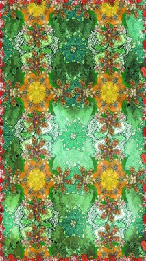 Raster illüstrasyonu. Çiçek buketleriyle klasik bir eskiz şekli. Yeşil ve nötr renklerde.