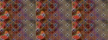 Raster Çiçek İllüstrasyonu güzel tekstil. Kahverengi ve gri renkte etnik çiçeklerle süslenmiş zarif bir eskiz..