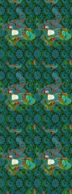 Raster illüstrasyonundaki çiçek desenli çizim. Yeşil ve mavi renkte çiçekler.