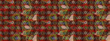 Çok kahverengi ve kırmızı zarif küçük çiçekler ve kahverengi ve kırmızı renkli komik böcekler, raster desen, illüstrasyon.