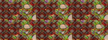 Patlayan çiçekler soyut olarak yerleştirilmiş. Kahverengi ve kırmızı renklerde bahar çiçekleri. Raster illüstrasyonu. Raster deseni.